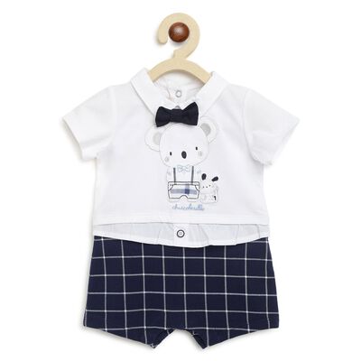 Boys White & Blue Printed Short Sleeve Romper